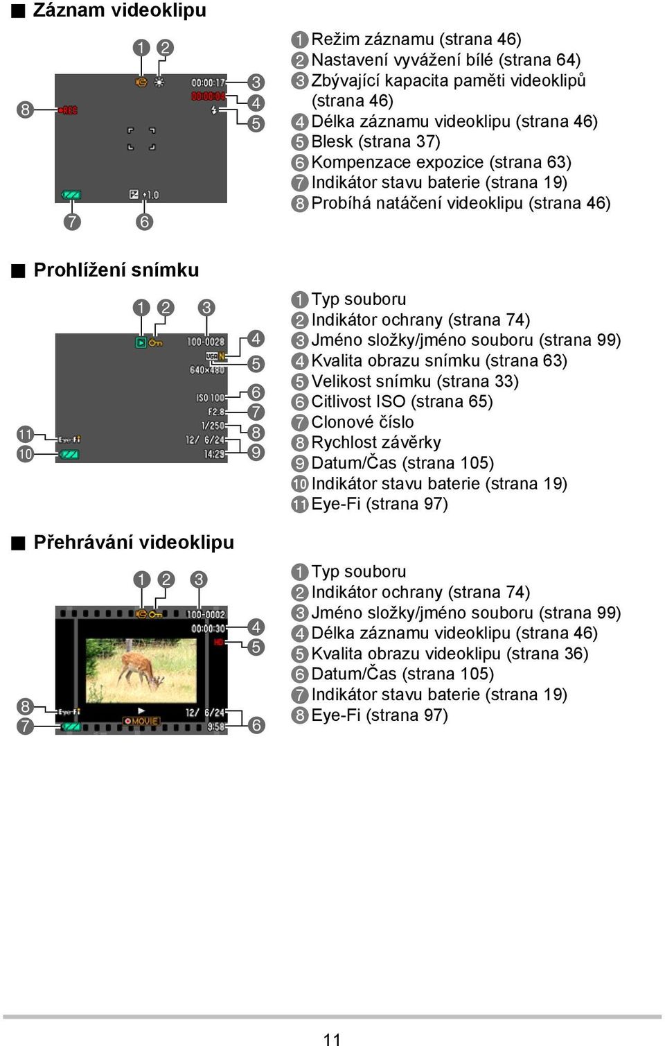 Přehrávání videoklipu 8 7 1 2 3 4 5 6 7 8 9 4 5 6 1Typ souboru 2Indikátor ochrany (strana 74) 3Jméno složky/jméno souboru (strana 99) 4Kvalita obrazu snímku (strana 63) 5Velikost snímku (strana 33)