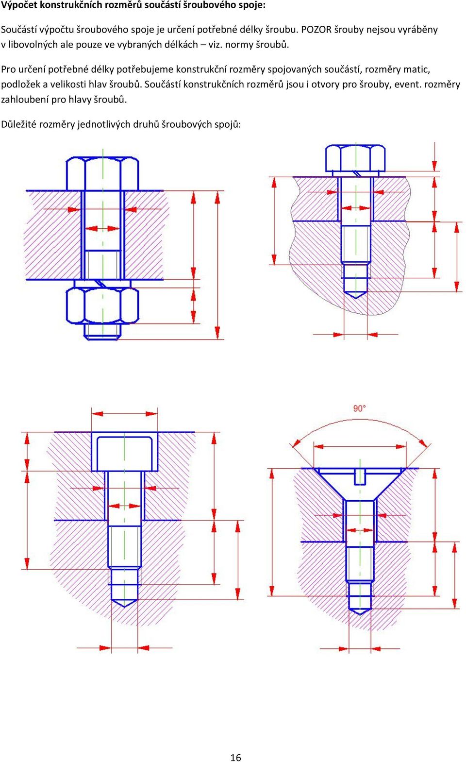Pro určení potřebné délky potřebujeme konstrukční rozměry spojovaných součástí, rozměry matic, podložek a velikosti hlav