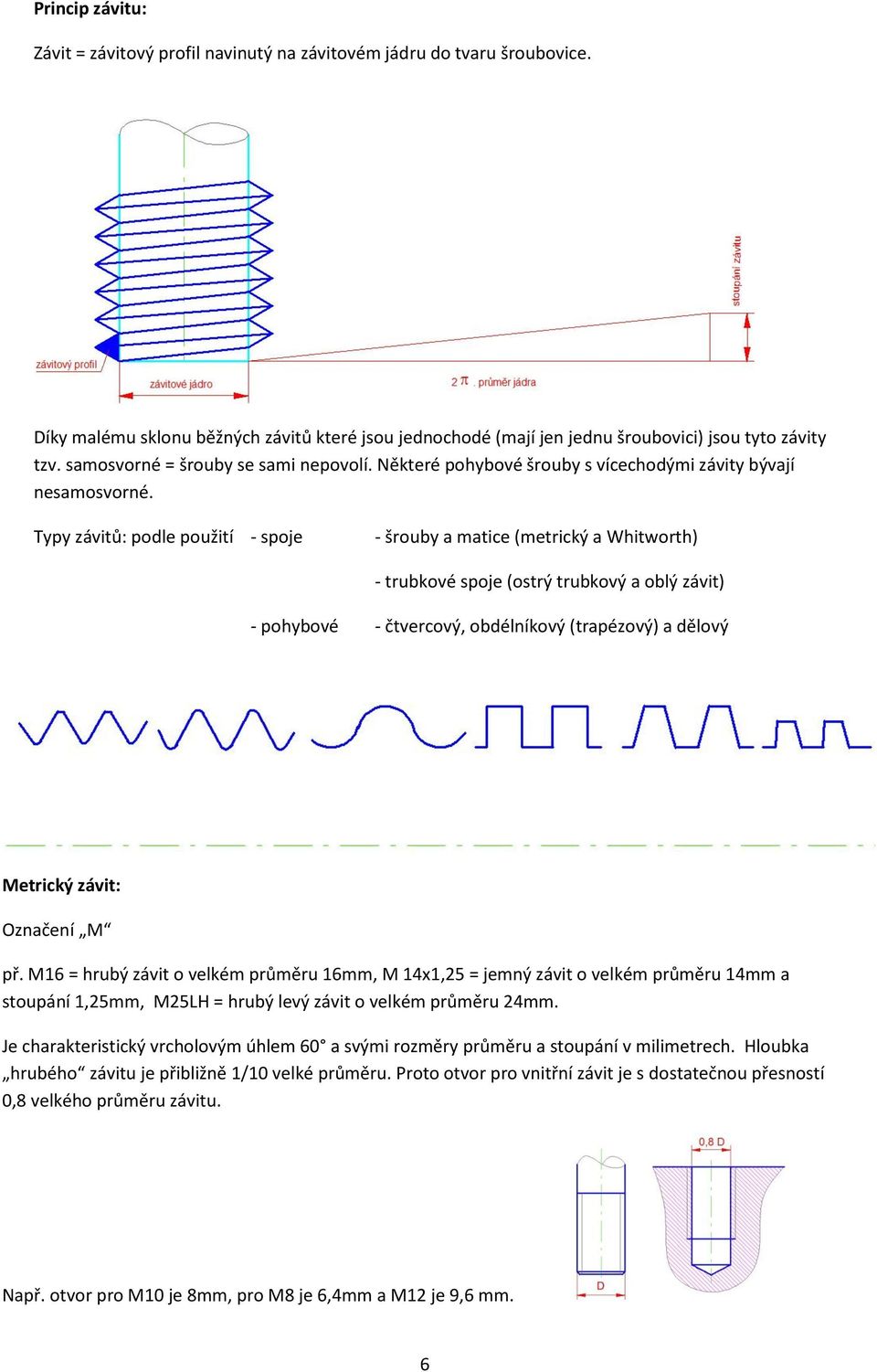 Typy závitů: podle použití - spoje - šrouby a matice (metrický a Whitworth) - trubkové spoje (ostrý trubkový a oblý závit) - pohybové - čtvercový, obdélníkový (trapézový) a dělový Metrický závit: