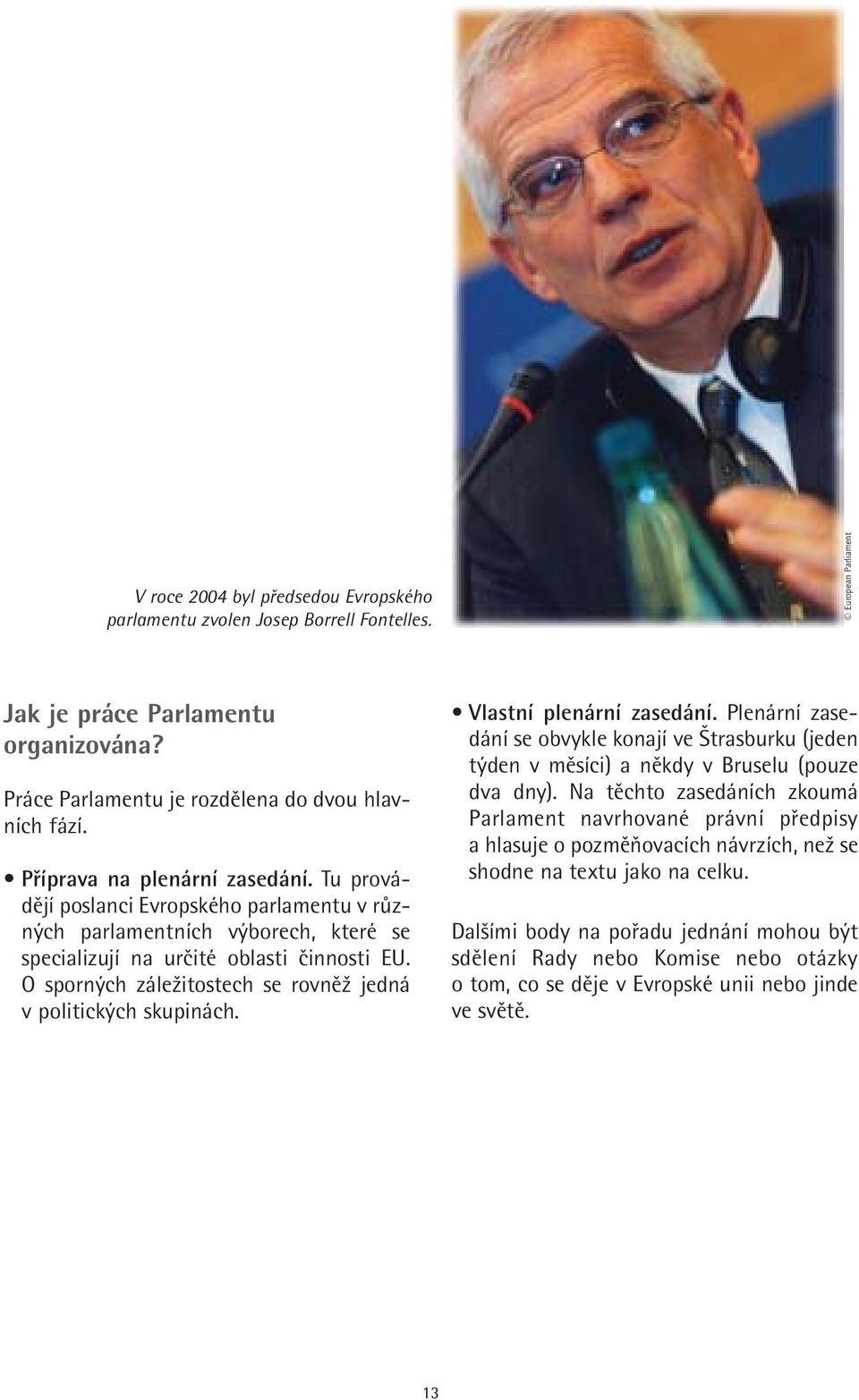 O sporných záležitostech se rovněž jedná v politických skupinách. Vlastní plenární zasedání. Plenární zasedání se obvykle konají ve Štrasburku (jeden týden v měsíci) a někdy v Bruselu (pouze dva dny).