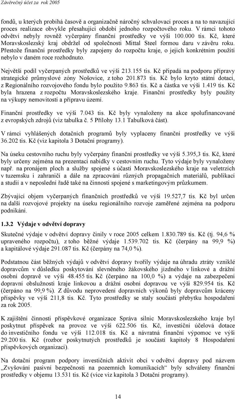 Přestože finanční prostředky byly zapojeny do rozpočtu kraje, o jejich konkrétním použití nebylo v daném roce rozhodnuto. Největší podíl vyčerpaných prostředků ve výši 213.155 tis.