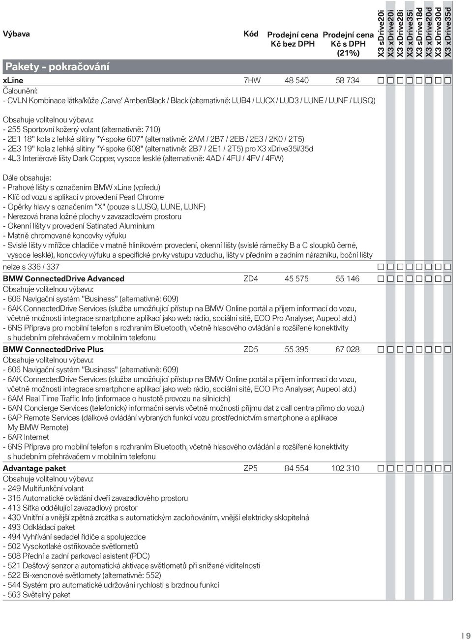 (alternativně: 2B7 / 2E1 / 2T5) pro /35d - 4L3 Interiérové lišty Dark Copper, vysoce lesklé (alternativně: 4AD / 4FU / 4FV / 4FW) Dále obsahuje: - Prahové lišty s označením BMW xline (vpředu) - Klíč