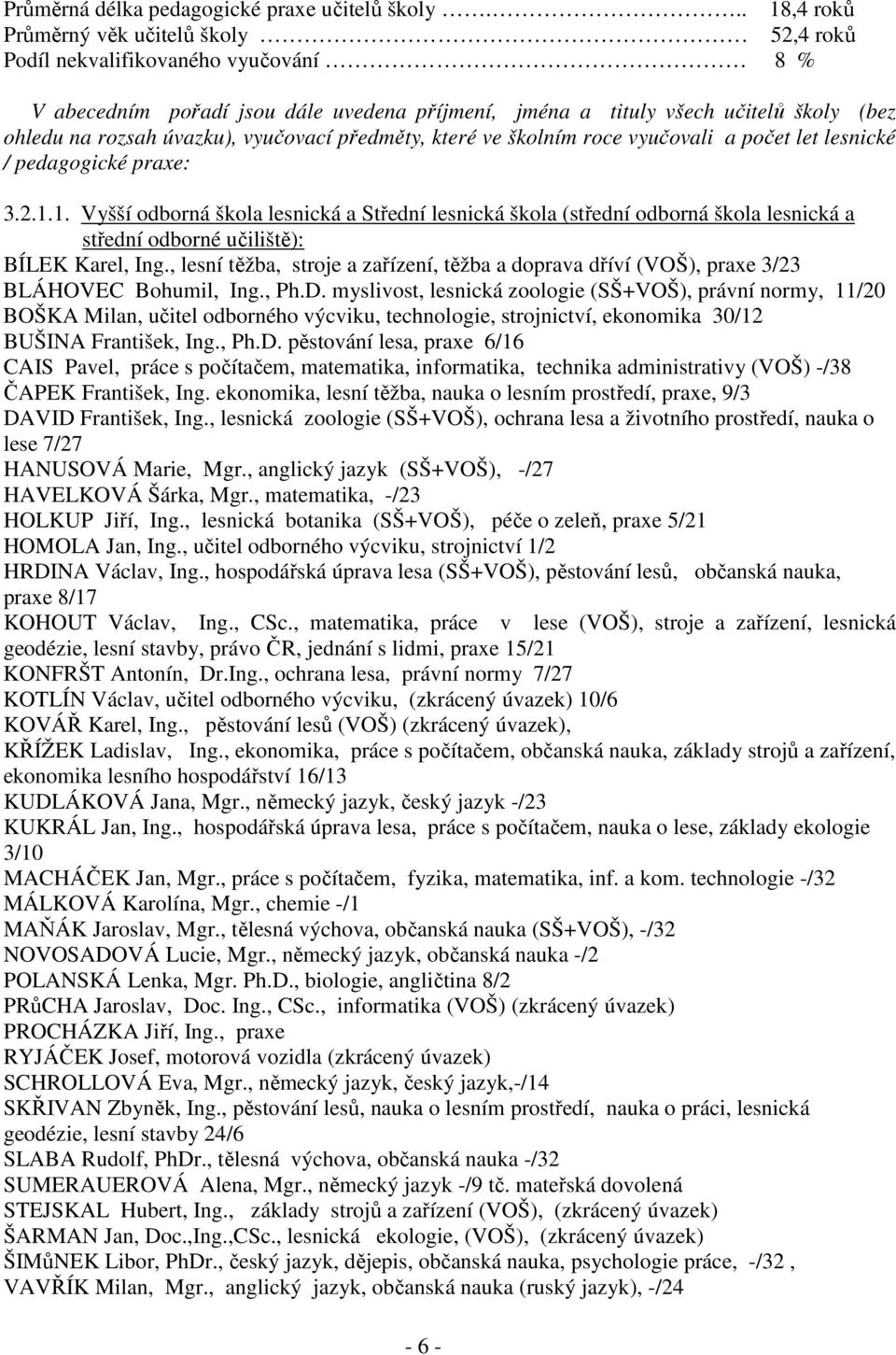 úvazku), vyučovací předměty, které ve školním roce vyučovali a počet let lesnické / pedagogické praxe: 3.2.1.