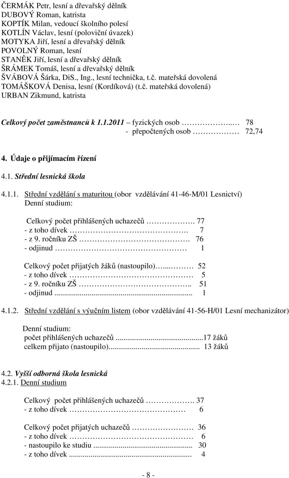 1.2011 fyzických osob.. 78 - přepočtených osob 72,74 4. Údaje o přijímacím řízení 4.1. Střední lesnická škola 4.1.1. Střední vzdělání s maturitou (obor vzdělávání 41-46-M/01 Lesnictví) Denní studium: Celkový počet přihlášených uchazečů.