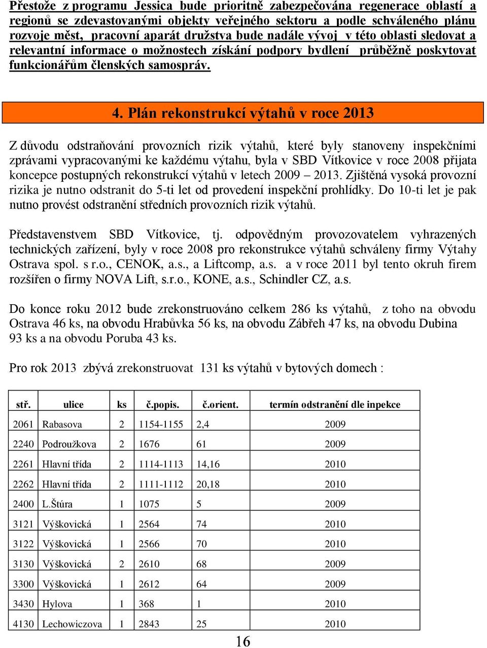 Plán rekonstrukcí výtahů v roce 2013 Z důvodu odstraňování provozních rizik výtahů, které byly stanoveny inspekčními zprávami vypracovanými ke každému výtahu, byla v SBD Vítkovice v roce 2008 přijata