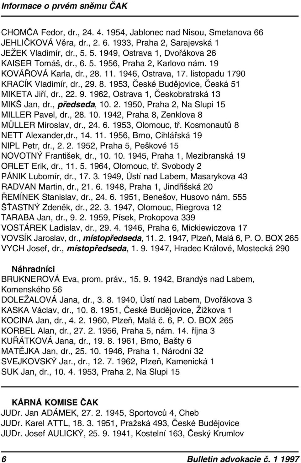 1953, České Budějovice, Česká 51 MIKETA Jiří, dr., 22. 9. 1962, Ostrava 1, Českobratrská 13 MIKŠ Jan, dr., předseda, 10. 2. 1950, Praha 2, Na Slupi 15 MILLER Pavel, dr., 28. 10. 1942, Praha 8, Zenklova 8 MÜLLER Miroslav, dr.