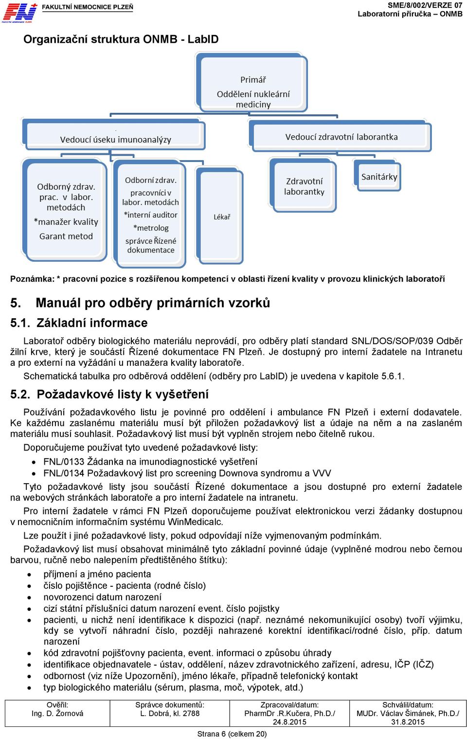 Je dostupný pro interní žadatele na Intranetu a pro externí na vyžádání u manažera kvality laboratoře. Schematická tabulka pro odběrová oddělení (odběry pro LabID) je uvedena v kapitole 5.6.1. 5.2.