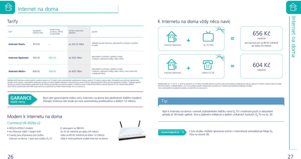 posílání e-mailů s fotkami, stahování hudby, videí a filmů, hraní online her a sledování filmů K Internetu na doma vždy něco navíc Internet Optimal+ Internet Optimal+ + + O 2 TV Flexi Volání CZ 50 =