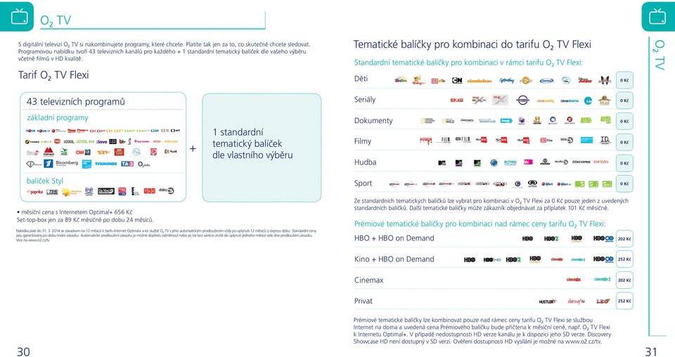 Standardní tematické balíčky pro kombinaci v rámci tarifu O2 TV Flexi: Děti 0 Kč 43 televizních programů Seriály 0 Kč základní programy Dokumenty 0 Kč Filmy 0 Kč Hudba 0 Kč + 1 standardní tematický