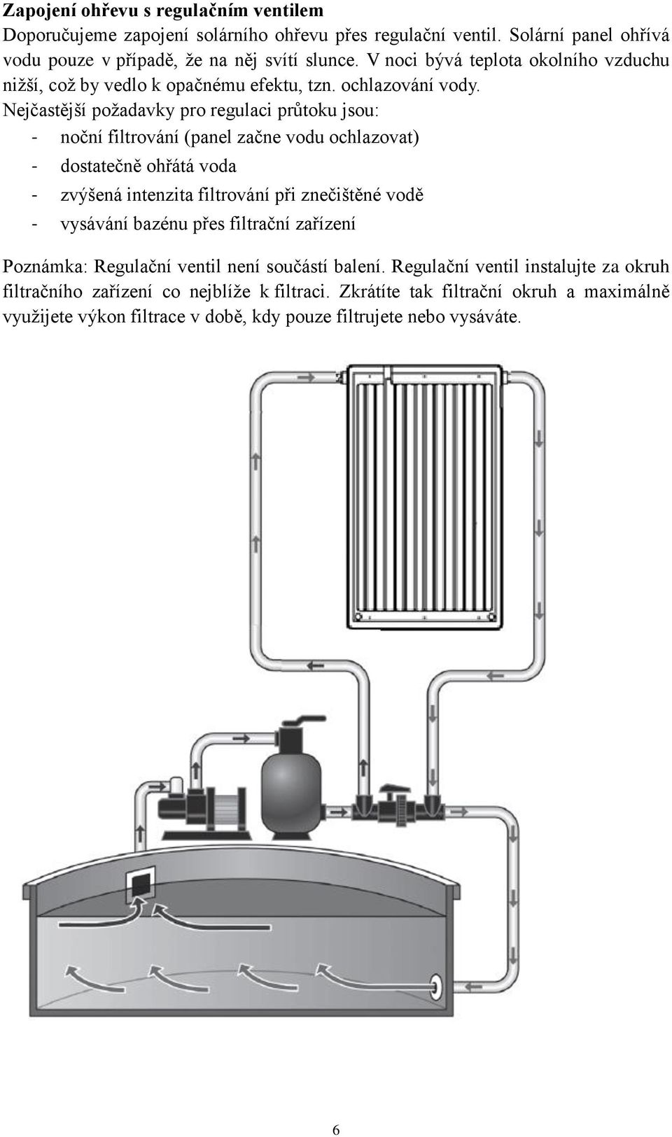 Nejčastější požadavky pro regulaci průtoku jsou: - noční filtrování (panel začne vodu ochlazovat) - dostatečně ohřátá voda - zvýšená intenzita filtrování při znečištěné vodě -