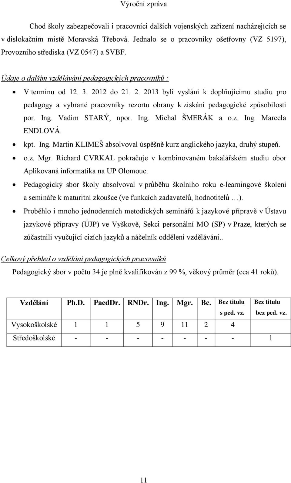 12 do 21. 2. 2013 byli vysláni k doplňujícímu studiu pro pedagogy a vybrané pracovníky rezortu obrany k získání pedagogické způsobilosti por. Ing. Vadim STARÝ, npor. Ing. Michal ŠMERÁK a o.z. Ing. Marcela ENDLOVÁ.