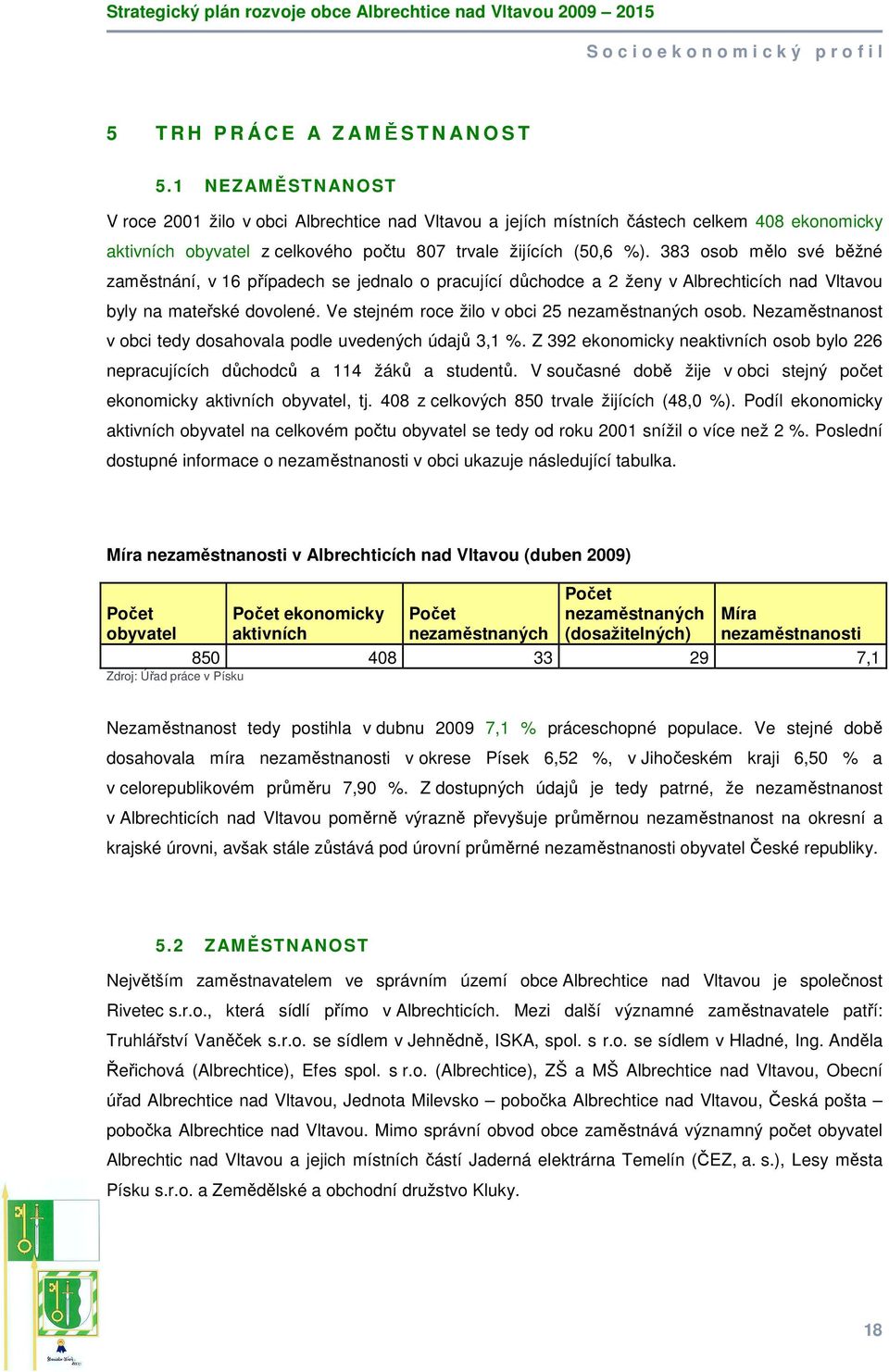 383 osob mělo své běžné zaměstnání, v 16 případech se jednalo o pracující důchodce a 2 ženy v Albrechticích nad Vltavou byly na mateřské dovolené. Ve stejném roce žilo v obci 25 nezaměstnaných osob.