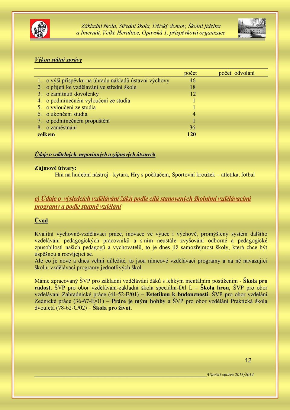 o zaměstnání 36 celkem 120 počet odvolání Údaje o volitelných, nepovinných a zájmových útvarech Zájmové útvary: Hra na hudební nástroj - kytara, Hry s počítačem, Sportovní kroužek atletika, fotbal e)