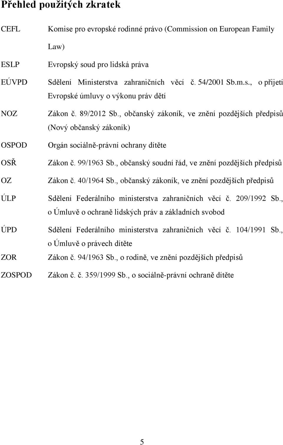 , občanský zákoník, ve znění pozdějších předpisů (Nový občanský zákoník) Orgán sociálně-právní ochrany dítěte Zákon č. 99/1963 Sb., občanský soudní řád, ve znění pozdějších předpisů Zákon č.