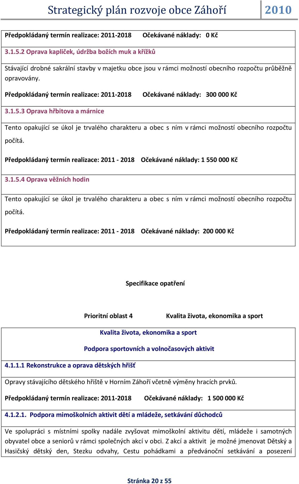 Předpokládaný termín realizace: 2011-2018 Očekávané náklady: 300 000 Kč 3.1.5.