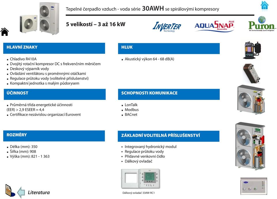 účinnosti (EER) > 2,9 ESEER = 4,4 Certifikace nezávislou organizací Eurovent HLUK Akustický výkon 64-68 db(a) SCHOPNOSTI KOMUNIKACE LonTalk BACnet Modbus ROZMĚRY Délka (mm):