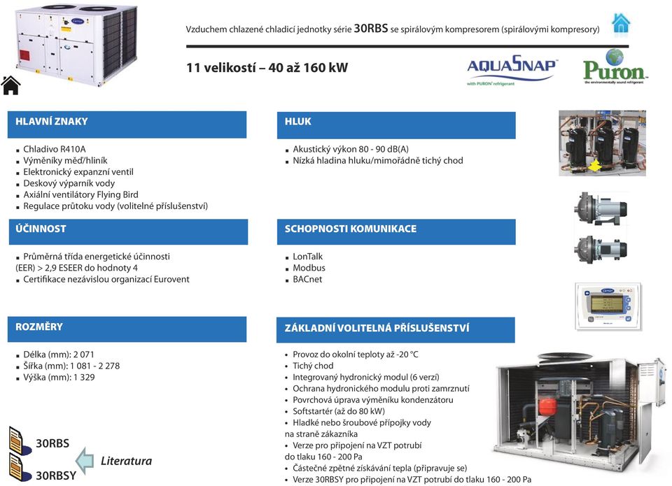 organizací Eurovent HLUK Akustický výkon 80-90 db(a) Nízká hladina hluku/mimořádně tichý chod SCHOPNOSTI KOMUNIKACE LonTalk BACnet Modbus ROZMĚRY Délka (mm): 2 071 Výška (mm): 1 329 Šířka (mm): 1