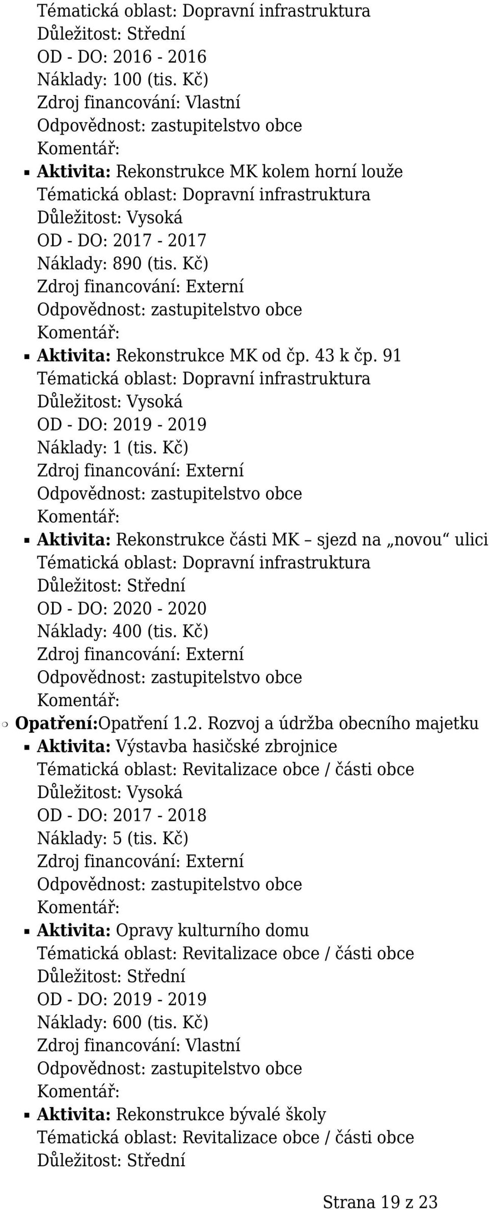 91 Tématická oblast: Dopravní infrastruktura OD - DO: 2019-2019 Náklady: 1 (tis.