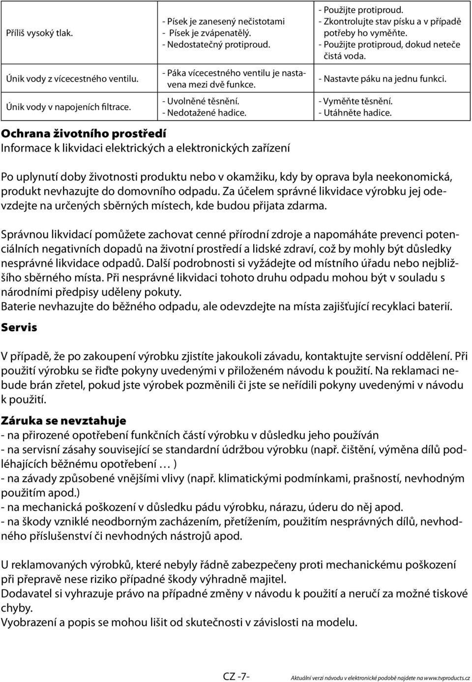 Ochrana životního prostředí Informace k likvidaci elektrických a elektronických zařízení - Použijte protiproud. - Zkontrolujte stav písku a v případě potřeby ho vyměňte.