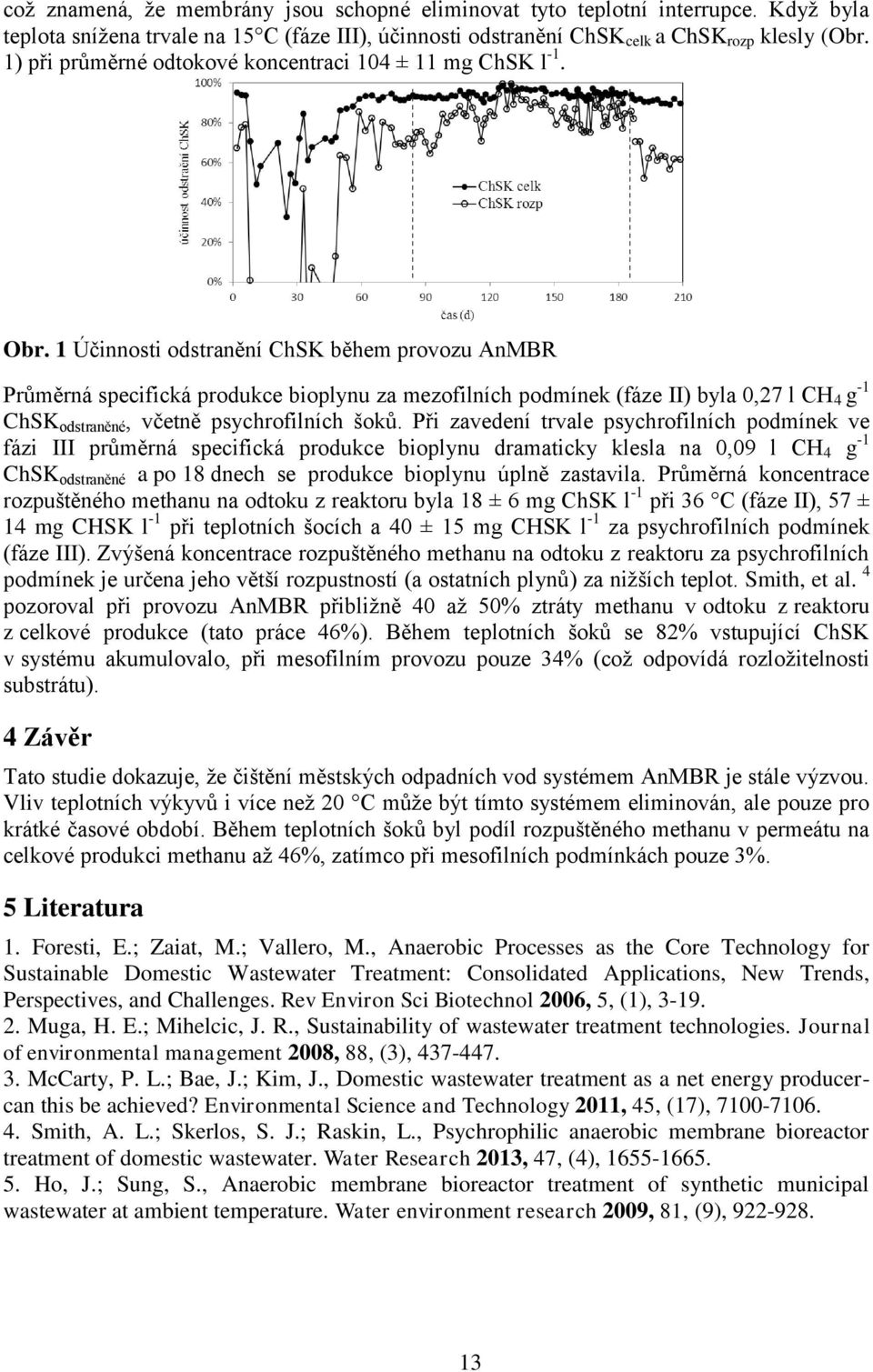 1 Účinnosti odstranění ChSK během provozu AnMBR Průměrná specifická produkce bioplynu za mezofilních podmínek (fáze II) byla 0,27 l CH 4 g -1 ChSK odstraněné, včetně psychrofilních šoků.
