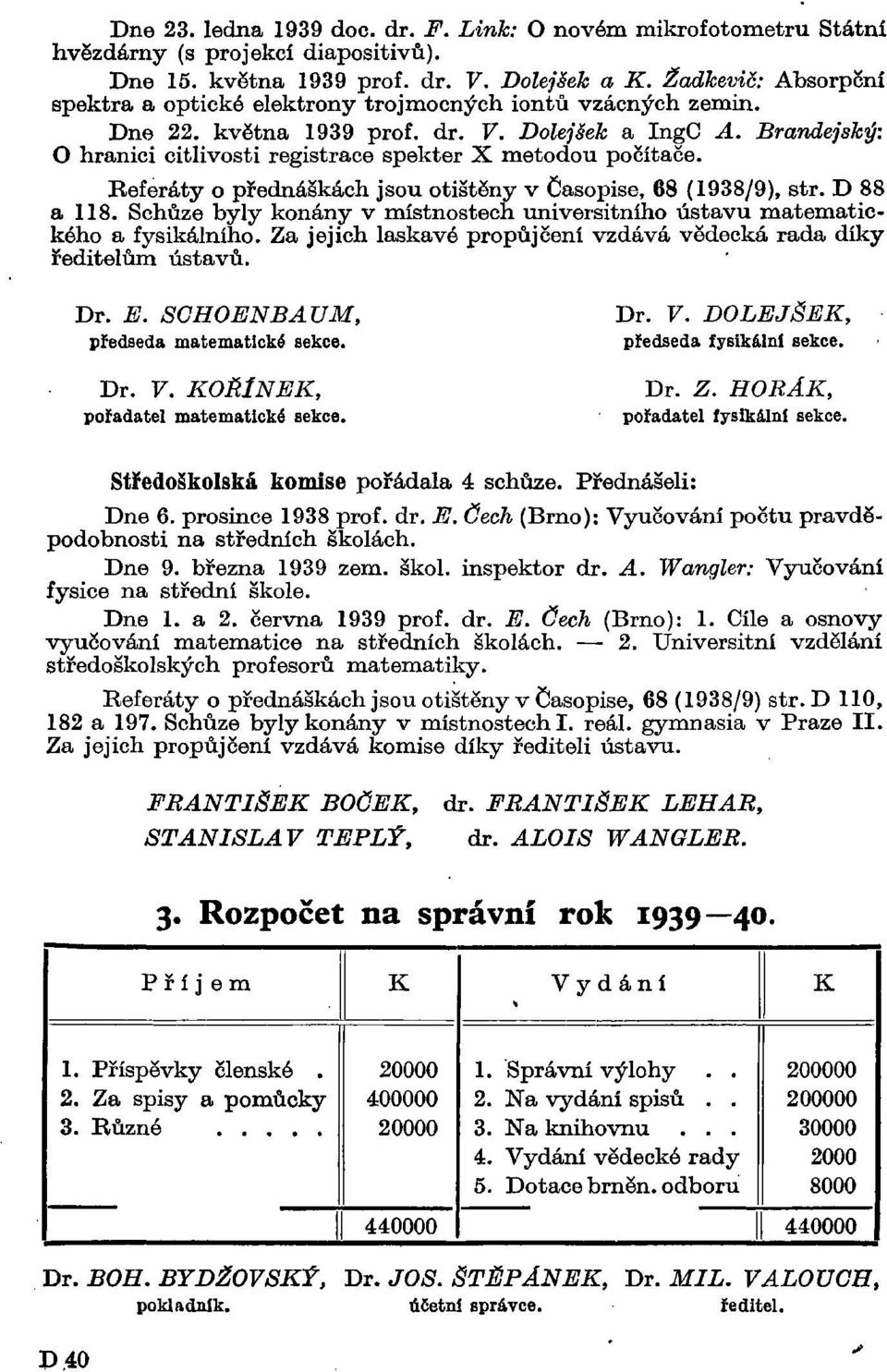 Brandejský: O hranici citlivosti registrace spekter X metodou počítače. Referáty o přednáškách jsou otištěny v Časopise, 68 (1938/9), str. D 88 a 118.