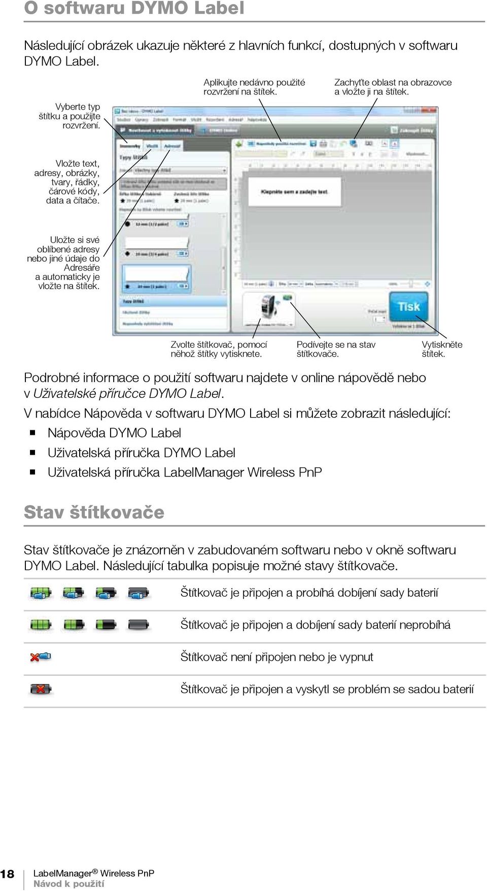 Uložte si své oblíbené adresy nebo jiné údaje do Adresáře aautomaticky je vložte na štítek. Zvolte štítkovač, pomocí něhož štítky vytisknete. Podívejte se na stav štítkovače. Vytiskněte štítek.