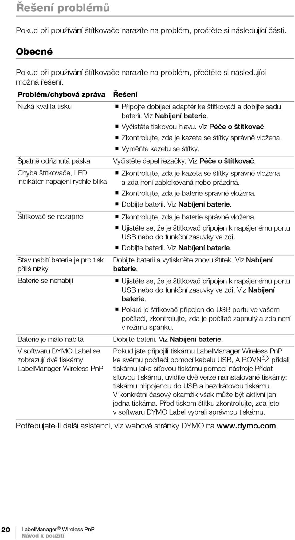 nenabíjí Baterie je málo nabitá V softwaru DYMO Label se zobrazují dvě tiskárny LabelManager Wireless PnP Řešení Připojte dobíjecí adaptér ke štítkovači a dobijte sadu baterií. Viz Nabíjení baterie.