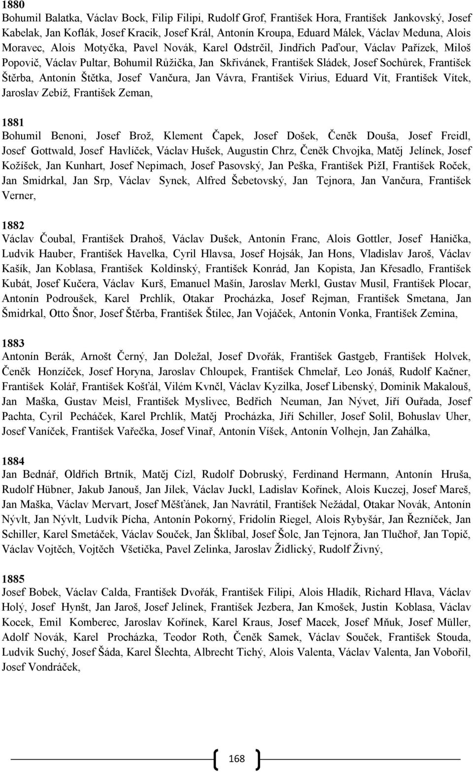 Štěrba, Antonín Štětka, Josef Vančura, Jan Vávra, František Virius, Eduard Vít, František Vítek, Jaroslav Zebíž, František Zeman, 1881 Bohumil Benoni, Josef Brož, Klement Čapek, Josef Došek, Čeněk