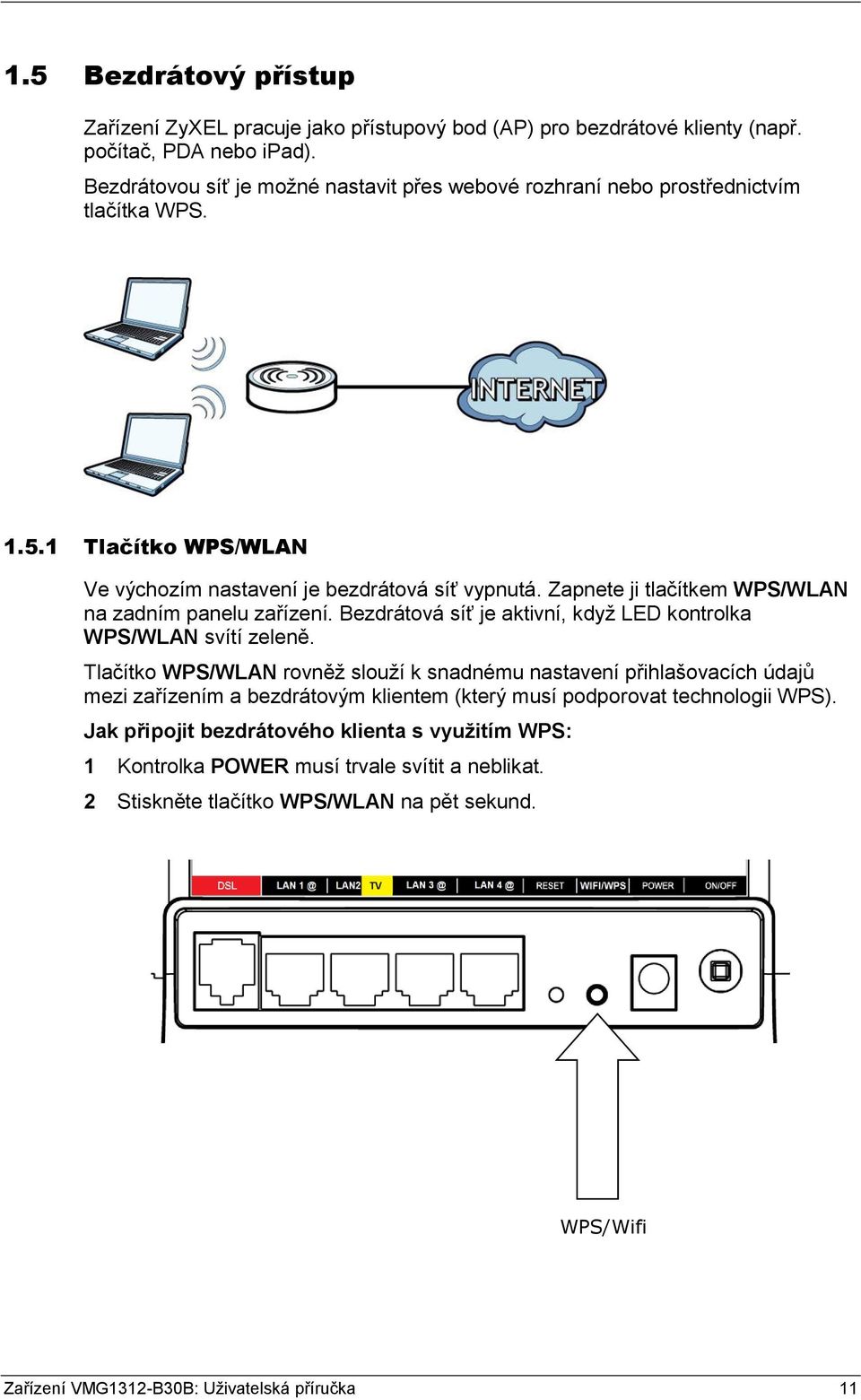 Zapnete ji tlačítkem WPS/WLAN na zadním panelu zařízení. Bezdrátová síť je aktivní, když LED kontrolka WPS/WLAN svítí zeleně.