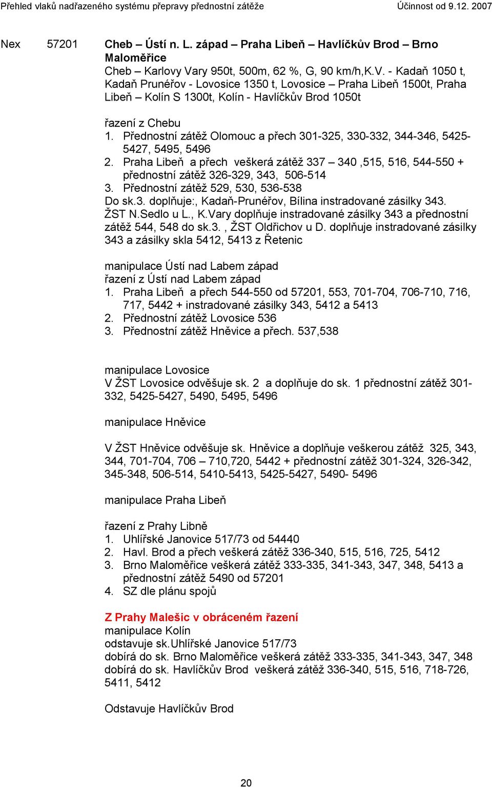 Přednostní zátěž Olomouc a přech 301-325, 330-332, 344-346, 5425-5427, 5495, 5496 2. Praha Libeň a přech veškerá zátěž 337 340,515, 516, 544-550 + přednostní zátěž 326-329, 343, 506-514 3.
