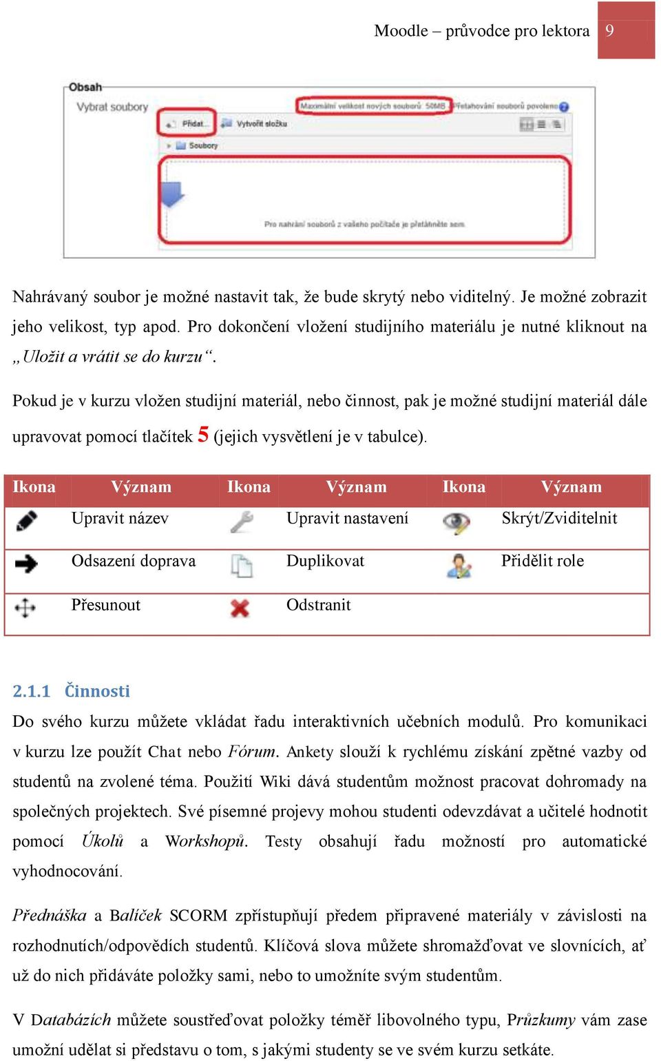 Pokud je v kurzu vložen studijní materiál, nebo činnost, pak je možné studijní materiál dále upravovat pomocí tlačítek 5 (jejich vysvětlení je v tabulce).