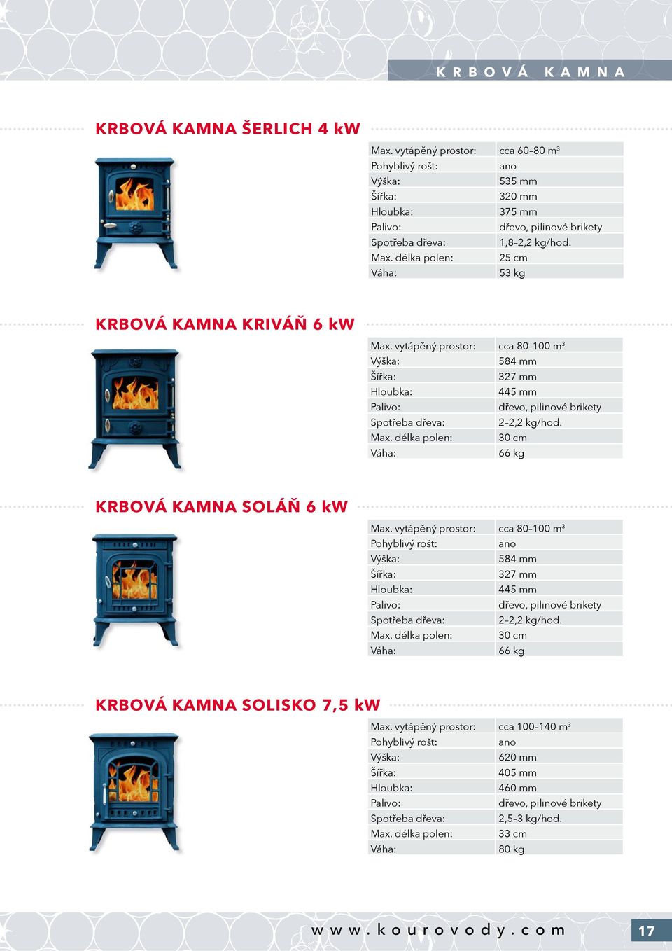 délka polen: 25 cm Váha: 53 kg KRBOVÁ KAMNA KRIVÁŇ 6 kw Max. vytápěný prostor: cca 80 100 m 3 Výška: 584 mm Šířka: 327 mm Hloubka: 445 mm Palivo: dřevo, pilinové brikety Spotřeba dřeva: 2 2,2 kg/hod.