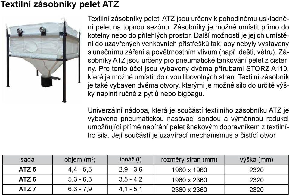 Zásobníky ATZ jsou určeny pro pneumatické tankování pelet z cisterny. Pro tento účel jsou vybaveny dvěma přírubami STORZ A110, které je možné umístit do dvou libovolných stran.