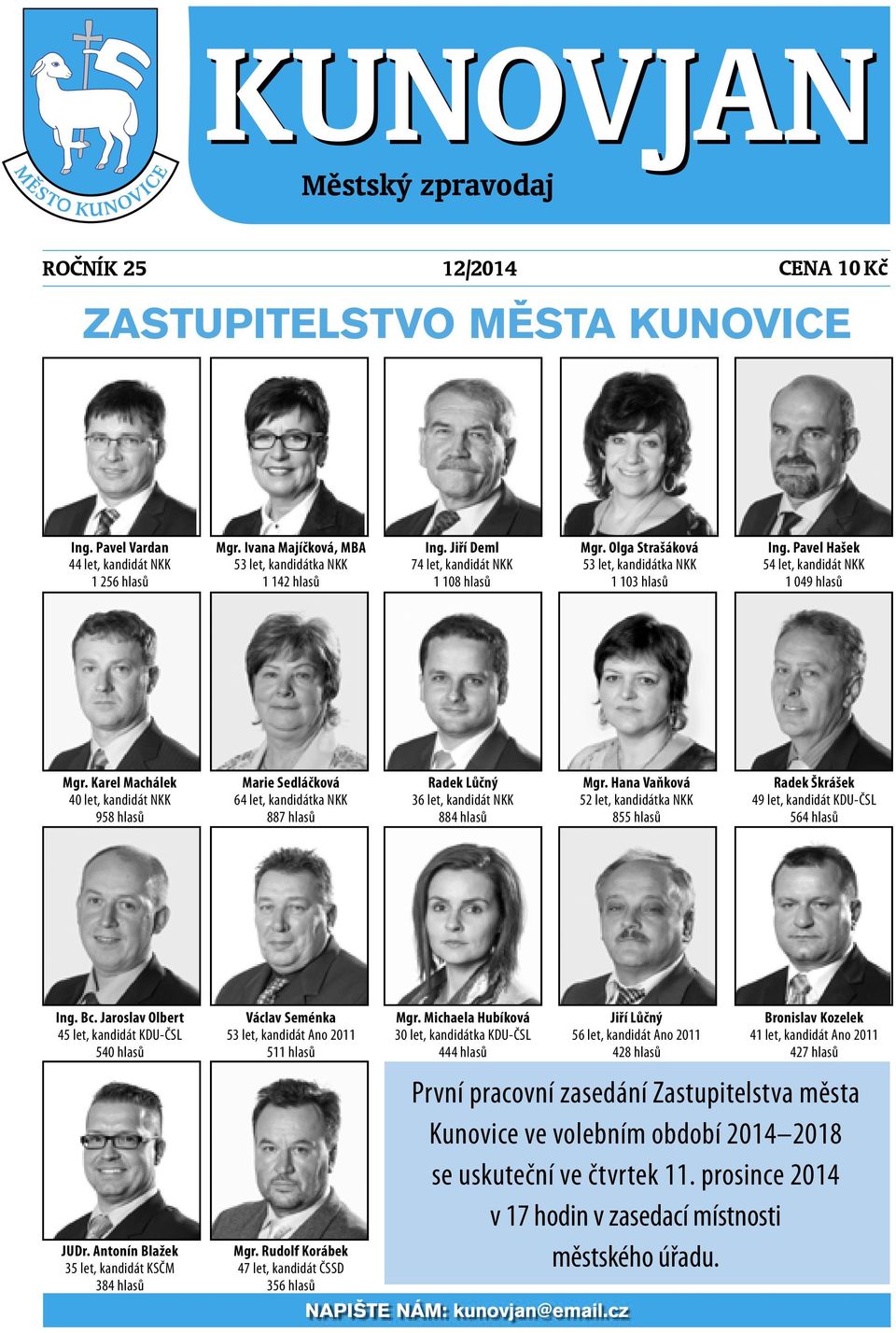 Karel Machálek 40 let, kandidát NKK 958 hlasů Marie Sedláčková 64 let, kandidátka NKK 887 hlasů Radek Lůčný 36 let, kandidát NKK 884 hlasů Mgr.