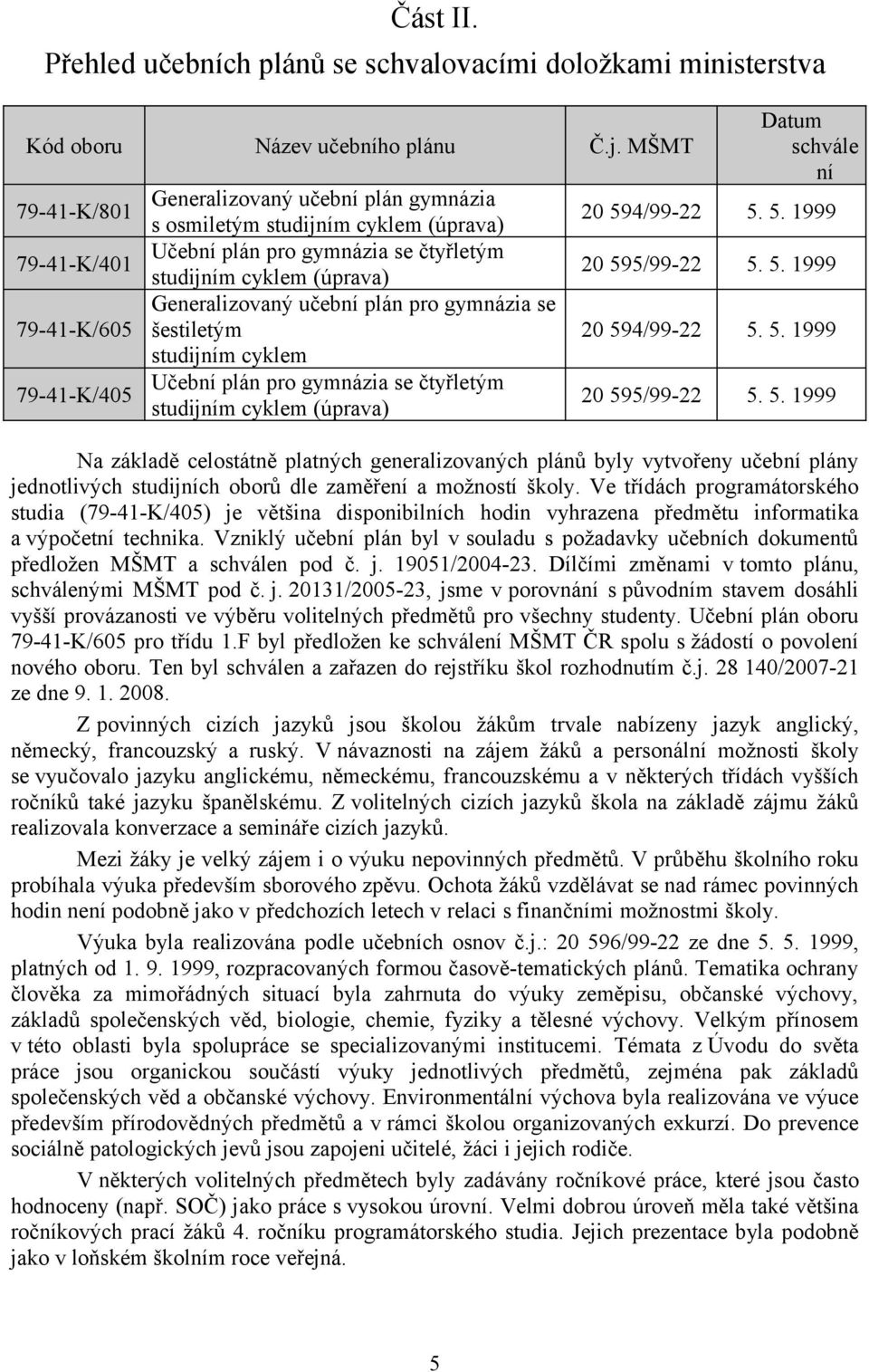 Generalizovaný učební plán pro gymnázia se šestiletým studijním cyklem Učební plán pro gymnázia se čtyřletým studijním cyklem (úprava) Datum schvále ní 20 594/99-22 5. 5. 1999 20 595/99-22 5. 5. 1999 20 594/99-22 5.