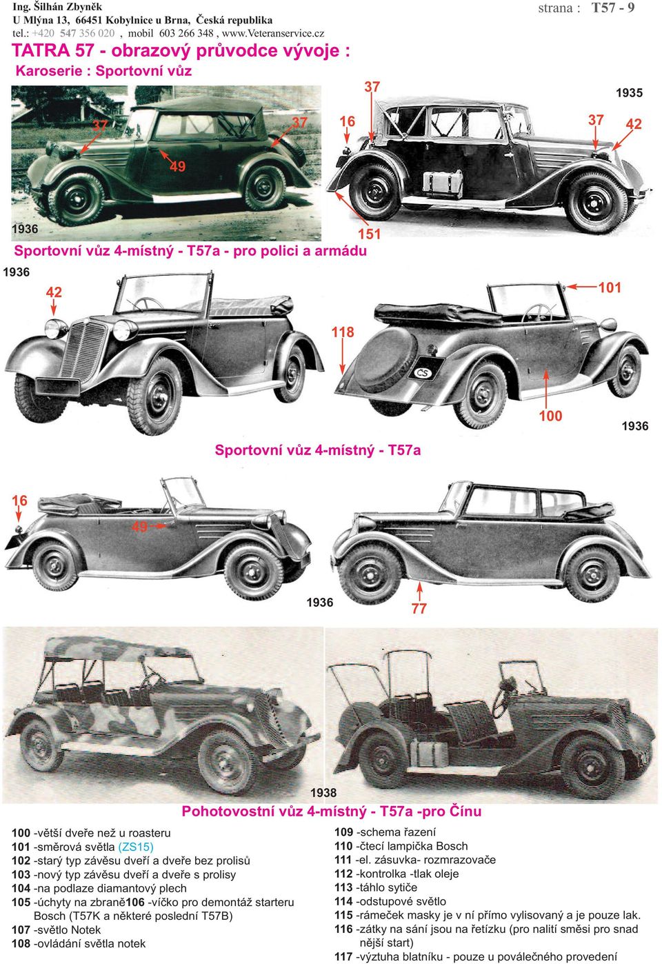 starteru Bosch (T57K a některé poslední T57B) 107 -světlo Notek 108 -ovládání světla notek 1938 Pohotovostní vůz 4-místný - T57a -pro Čínu 109 -schema řazení 110 -čtecí lampička Bosch 111 -el.