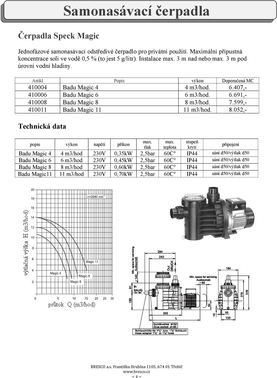 052,- Technická data popis výkon napětí příkon max. tlak max.