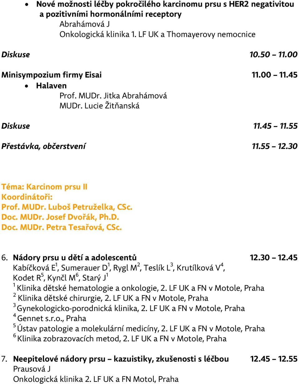 MUDr. Luboš Petruželka, CSc. Doc. MUDr. Josef Dvořák, Ph.D. Doc. MUDr. Petra Tesařová, CSc. 6. Nádory prsu u dětí a adolescentů 12.30 12.