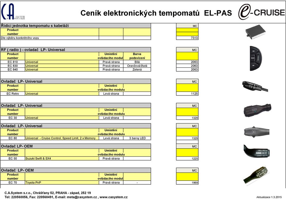 Universl Levá strn 1125 Ovldč LP- Universl Product Umístění number ovládcího modulu EC 30 Universl Levá strn 1329 Ovldč LP- Universl Product Umístění number ovládcího modulu EC 80 Universl - Cruise