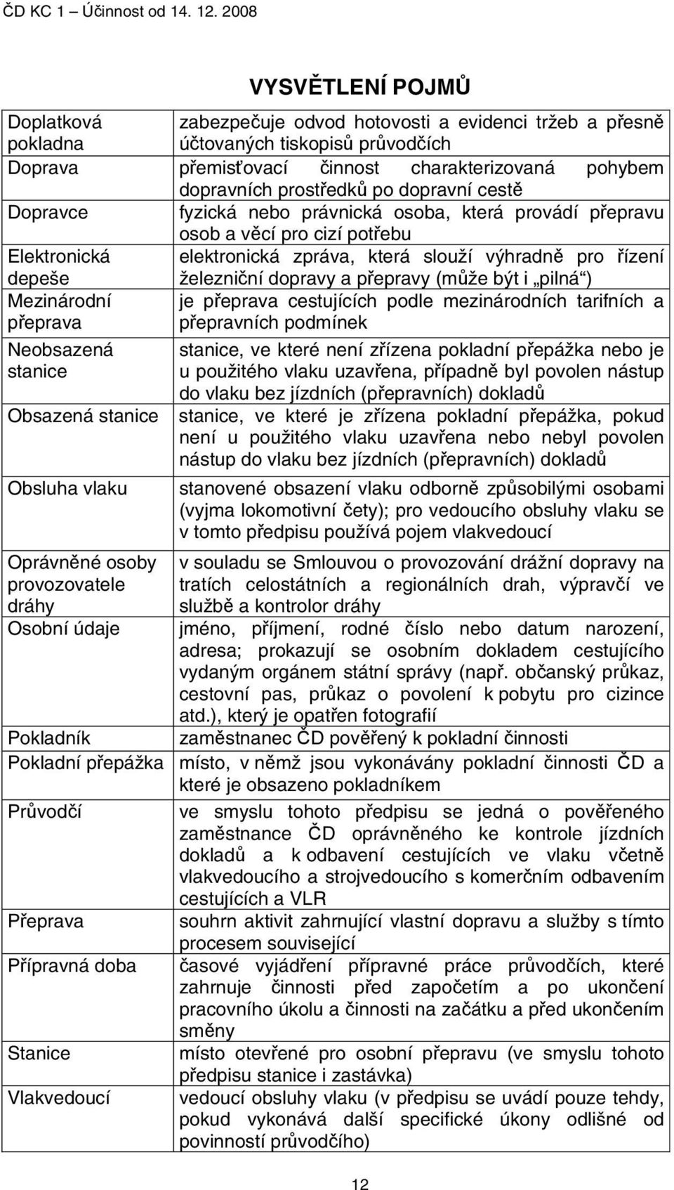 dopravy a přepravy (může být i pilná ) Mezinárodní přeprava je přeprava cestujících podle mezinárodních tarifních a přepravních podmínek Neobsazená stanice stanice, ve které není zřízena pokladní