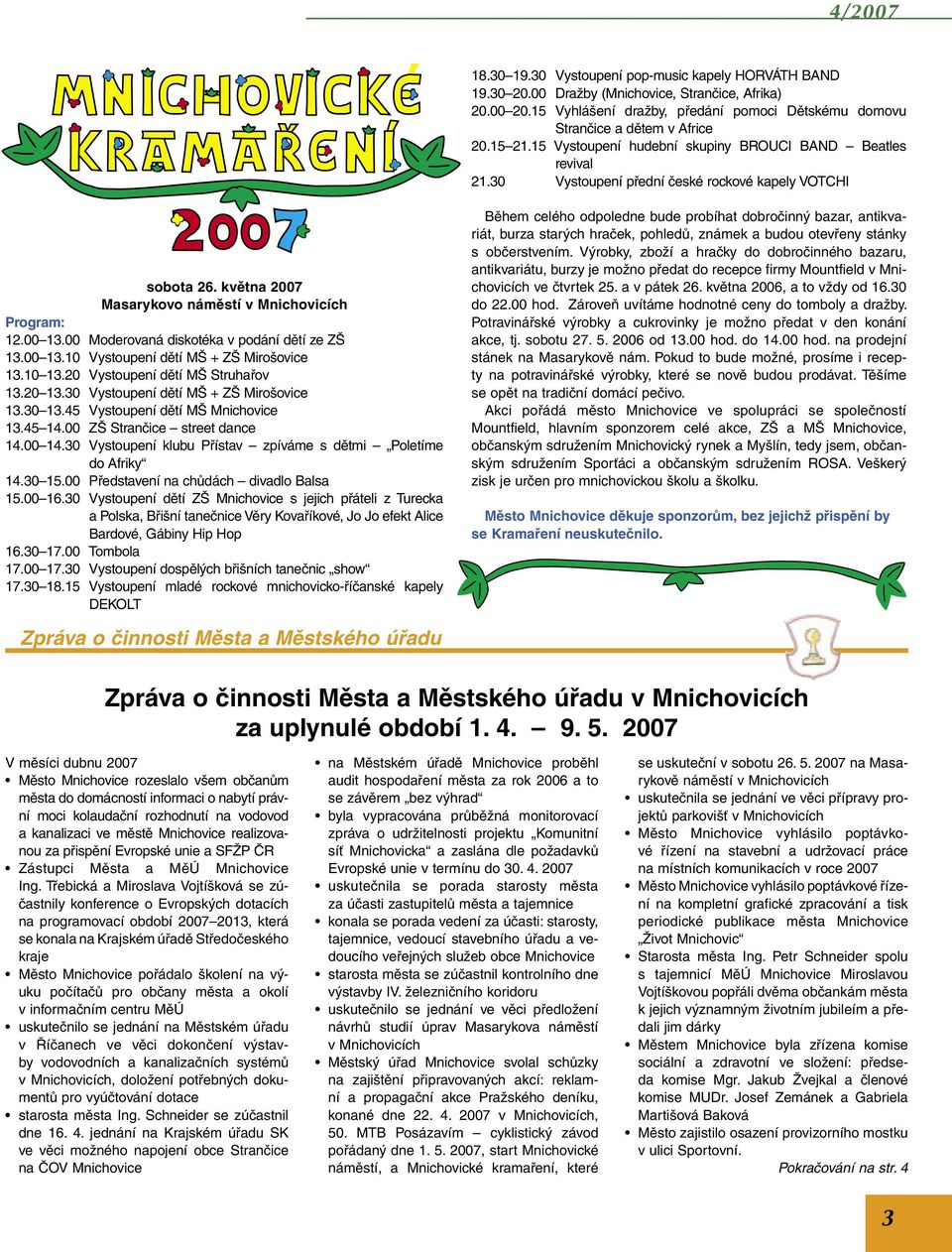 30 Vystoupení přední české rockové kapely VOTCHI sobota 26. května 2007 Masarykovo náměstí v Mnichovicích Program: 12.00 13.00 Moderovaná diskotéka v podání dětí ze ZŠ 13.00 13.10 Vystoupení dětí MŠ + ZŠ Mirošovice 13.