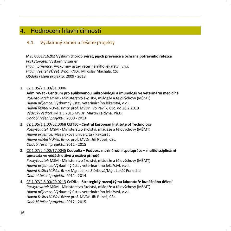 lékařství, v.v.i. Hlavní řešitel VÚVeL Brno: RNDr. Miroslav Machala, CSc. Období řešení projektu: 2009 2013 1. CZ.1.05/2.1.00/01.