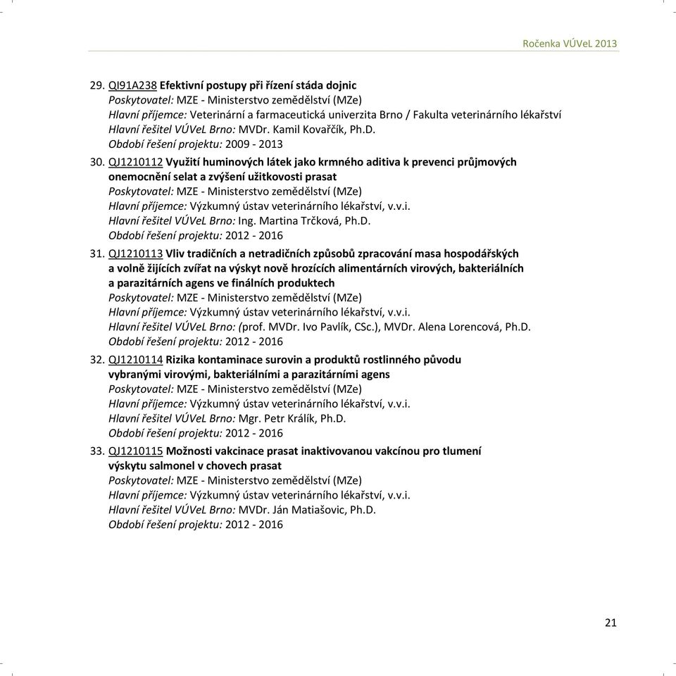 Hlavní řešitel VÚVeL Brno: MVDr. Kamil Kovařčík, Ph.D. Období řešení projektu: 2009 2013 30.