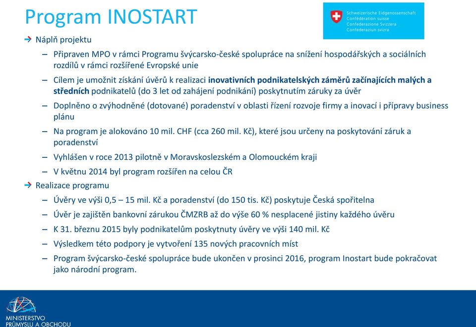 oblasti řízení rozvoje firmy a inovací i přípravy business plánu Na program je alokováno 10 mil. CHF (cca 260 mil.