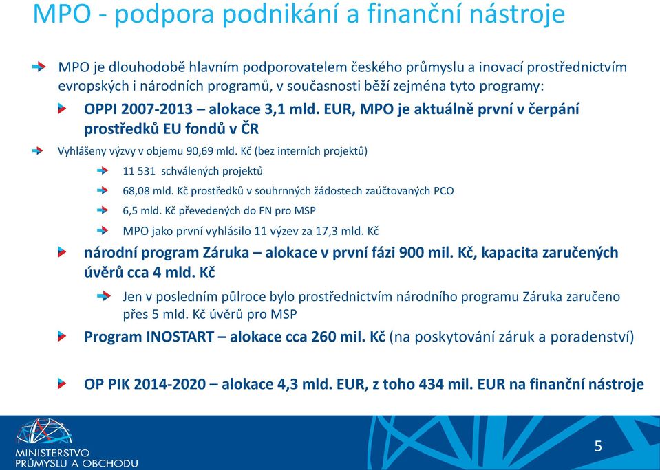 Kč (bez interních projektů) 11 531 schválených projektů 68,08 mld. Kč prostředků v souhrnných žádostech zaúčtovaných PCO 6,5 mld.