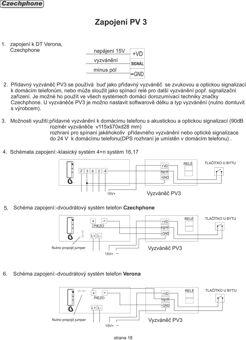 Je možné ho použít ve všech systémech domácí dorozumívací techniky značky Czechphone. U vyzváněče PV je možno nastavit softwarově délku a typ vyzvánění (nutno domluvit s výrobcem).