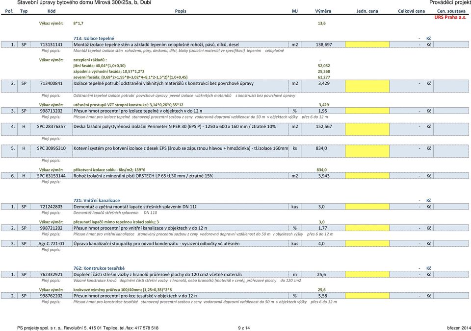 ve specifikaci) lepením celoplošně zateplení základů : jižní fasáda; 40,04*(1,0+0,30) 52,052 západní a východní fasáda; 10,57*1,2*2 25,368 severní fasáda;
