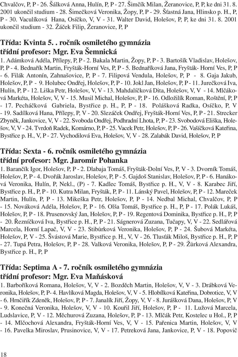 . ročník osmiletého gymnázia třídní profesor: Mgr. Eva Šemnická 1. Adámková Adéla, Přílepy, P, P - 2. Bakala Martin, Žopy, P, P - 3. Bartošík Vladislav, Holešov, P, P - 4.