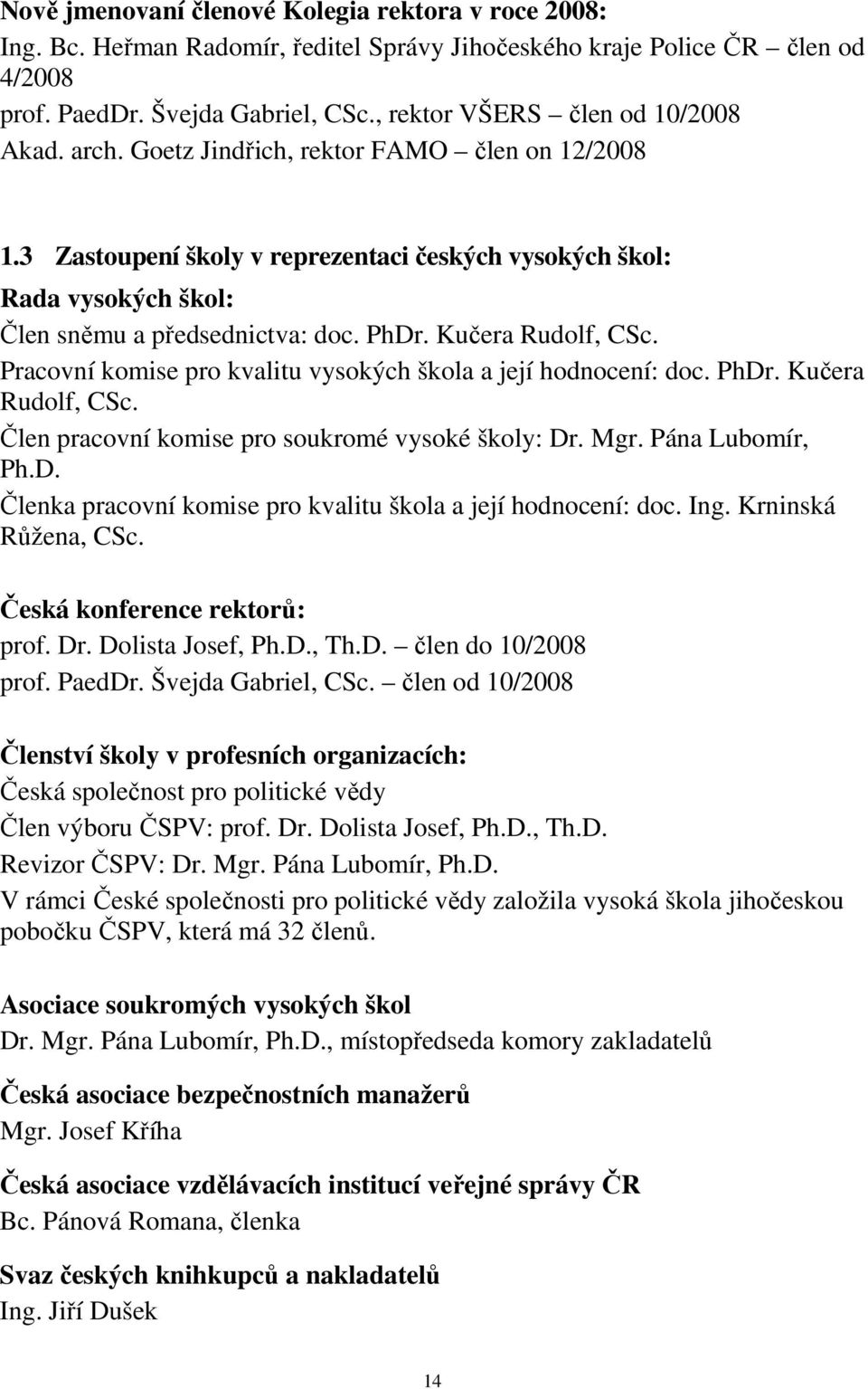 PhDr. Kučera Rudolf, CSc. Pracovní komise pro kvalitu vysokých škola a její hodnocení: doc. PhDr. Kučera Rudolf, CSc. Člen pracovní komise pro soukromé vysoké školy: Dr. Mgr. Pána Lubomír, Ph.D. Členka pracovní komise pro kvalitu škola a její hodnocení: doc.