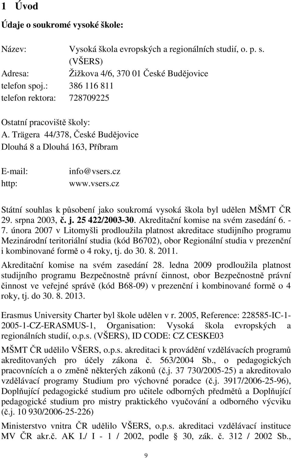 cz www.vsers.cz Státní souhlas k působení jako soukromá vysoká škola byl udělen MŠMT ČR 29. srpna 2003, č. j. 25 422/2003-30. Akreditační komise na svém zasedání 6. - 7.